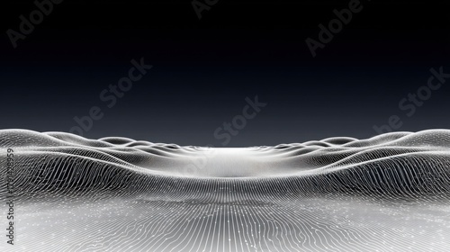 An abstract digital landscape with white contour lines against a dark background. Visualization of relief, depth, and movement.