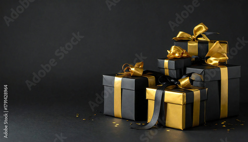 黒背景。金と黒のプレゼント。紙吹雪。ブラックフライデーのイメージ。Black background. Gold and black gifts. Confetti. Black Friday image.