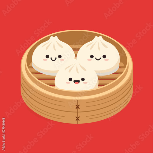 Three adorable kawaii dumplings with happy faces rest inside a traditional bamboo steamer basket, set against a vibrant red background for a cute Asian food vector illustration