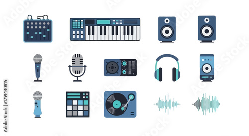 Collection of music production and audio equipment