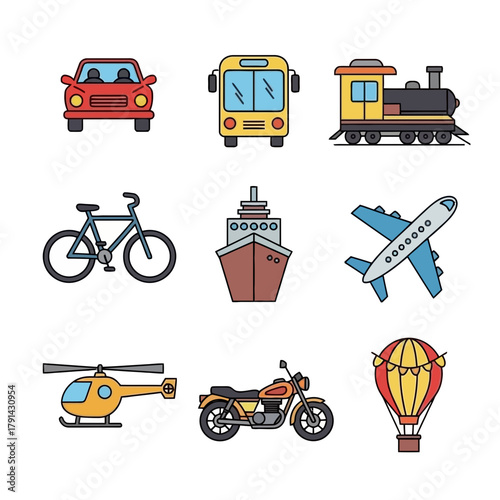 Collection of various transportation vehicles on white background