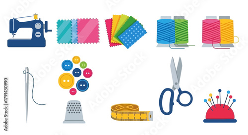 Sewing supplies with fabric thread scissors buttons and tape measure