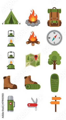 Camping gear icons with lanterns fire compass map boots and sleeping bag