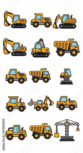 Collection of cartoon construction vehicles for building
