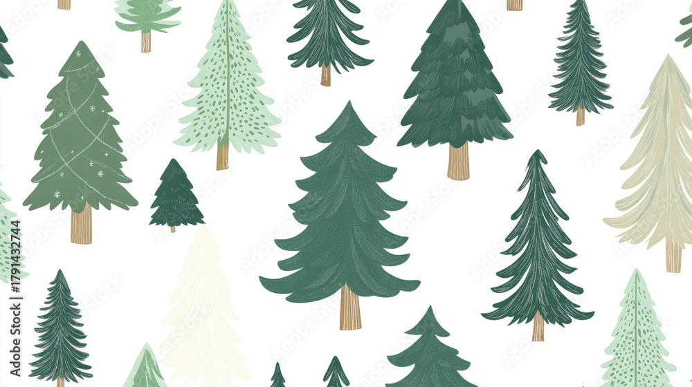 Obraz premium Festive seamless pattern of stylized Christmas trees in varying sizes and shades of green on a white background, modern, repeat