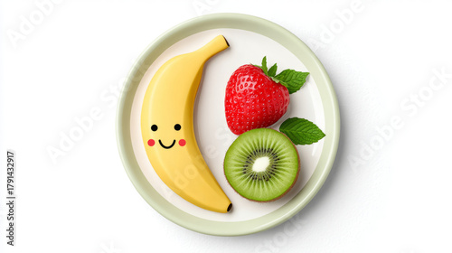 Playful fruit face with smiling banana on a plate for fun and healthy eating concept