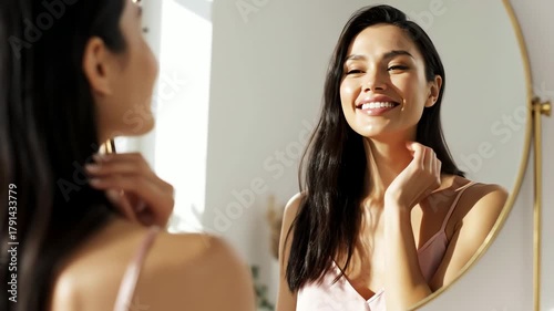 A beautiful young woman with silky long dark hair smiles while admiring herself in the mirror