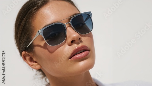 Close-up of a woman wearing stylish modern sunglasses, showcasing a chic accessory for a fashionable look
