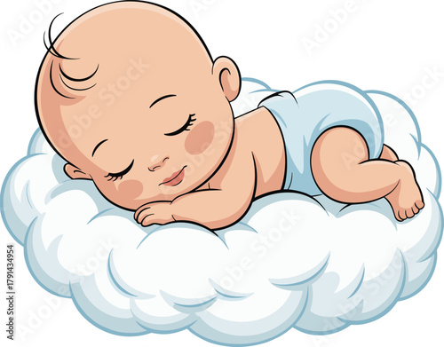 Adorable sleeping baby illustration on fluffy cloud, cute newborn vector art, peaceful infant nap, calm dreamy nursery cartoon design