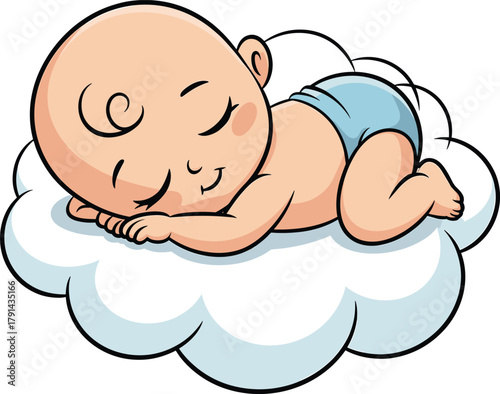 Cute sleeping baby cartoon on fluffy cloud, peaceful newborn illustration, adorable infant nap, calm dreamy vector art for nursery design