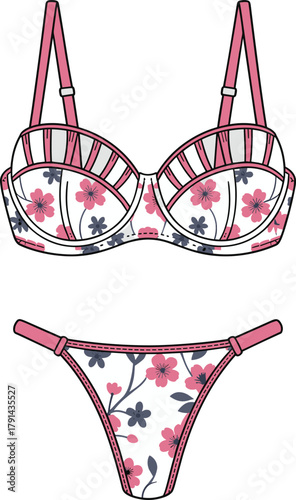 Floral lingerie design, women’s bra and panty set, fashionable underwear, vector illustration, intimate apparel, CAD drawing, seamless pattern, flat template