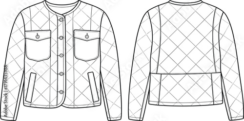 Quilted jacket vector design, front and back view, buttoned outerwear illustration, casual fashion apparel, winter coat technical flat sketch template