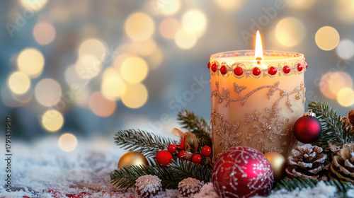 The Beautifully Arranged Christmas Candle with Decorative Elements and Bokeh Background