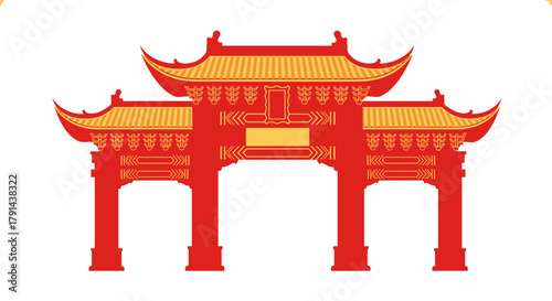 Chinese temple gate vector for New Year travel poster and Asian cultural event branding design