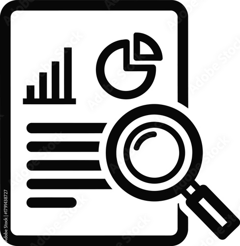 Business analysis icon with magnifying glass graph and report showing data insights and analytics representing financial review and strategy planning for growth and success