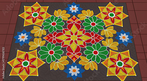 Colorful Kolam rangoli pattern for Indian Pongal festival greeting card and event banner design