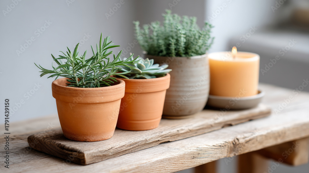 Fototapeta premium Indoor plants with eco decor: terracotta pots and succulents for natural home aesthetic