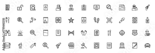 Crime Investigation icon set. Vector illustration. Icludes symbols for detectie, fingerprint, police, gu, dna, evidence, laborator, security and more.