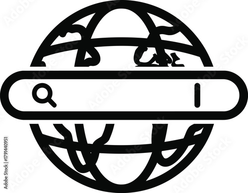Global Search Icon Illustration with Magnifying Glass on Earth Represents Online Information and Worldwide Web Access