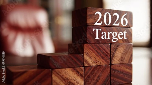 wooden bars on a desk with letter 2026, target, success
