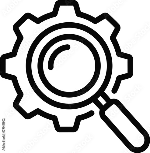 Search and optimize icon depicting a cog and magnifying glass showcasing process improvement analysis and solution finding with clear lines and vector illustration