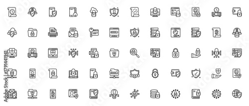 Data protection icon set. Minimal vector icons pack.Includes symbols for GDPR,shield, encrypted, cloud, ault, security, profile, dtabase and more.