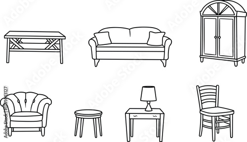 Classic furniture line art collection, minimalist interior decor icons, vintage home furnishings, elegant sofa and chairs, stylish tables and wardrobe illustration