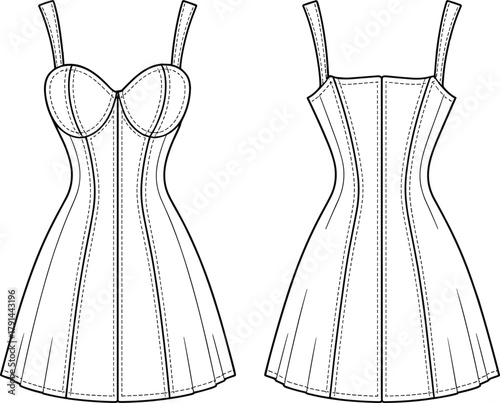 Corset dress technical flat, fitted bodice dress vector, women fashion design with straps, structured seam dress CAD sketch