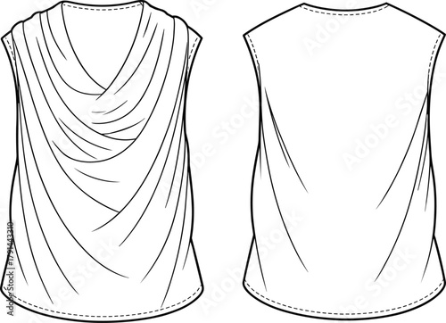 Draped sleeveless top technical flat, women blouse design, cowl neckline shirt vector, fashion CAD sketch, apparel template illustration