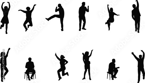 Dynamic human silhouette poses collection, active people in motion, standing, dancing, running, sitting figures, versatile black shadow illustration set