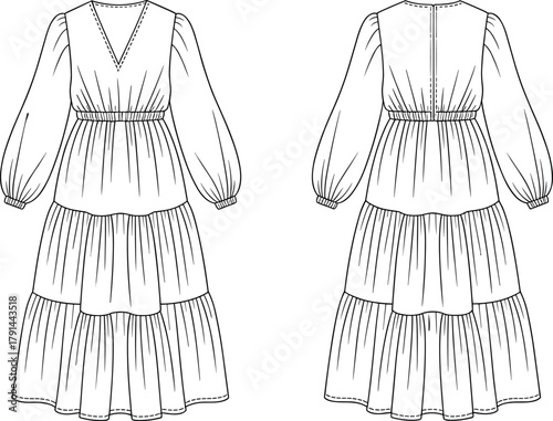 Fashion technical flat dress design, long sleeve tiered midi dress, V-neckline gathered waist ruffle detail, apparel CAD illustration, vector sketch
