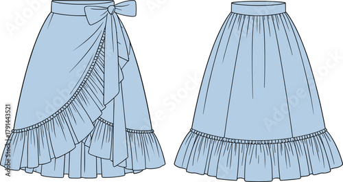 Fashion skirt illustration, feminine clothing design, blue ruffle skirts, elegant wrap skirt, pleated hem style, trendy women’s fashion apparel