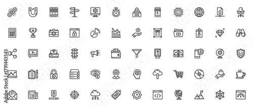 Marketing & SEO icon set. Vector business icons pack Includes symbols for link analytics, web design, serch engine, online shop, cding, cloud computing and ore. Editable stroke.