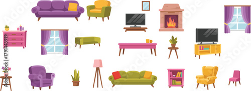 Living room furniture set, colorful home interior elements, modern sofa and chair collection, flat vector design, cozy home decor illustration