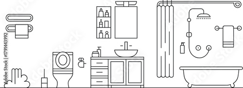 Modern bathroom interior illustration, minimalist restroom design, toilet and bathtub line art, hygiene accessories, bathroom furniture, home decor vector graphic