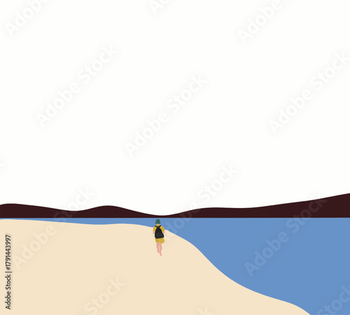 Tourist woman with green hat walking on the beach. Travel holiday summer vacation lifestyle. Seascape nature.