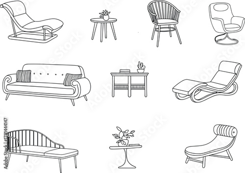 Modern furniture line art set, minimalist interior decor collection, contemporary home seating illustrations, stylish lounge chairs, elegant tables and sofas