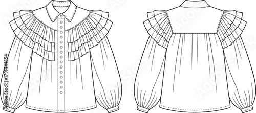 Ruffle blouse flat sketch, women’s fashion top vector template, layered frill design, long sleeve shirt CAD technical drawing