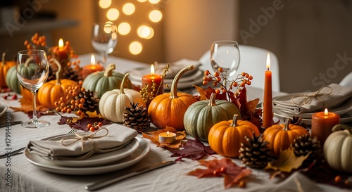 Elegantly set Thanksgiving dinner table adorned with autumn pumpkins, gourds, pinecones, leaves, and glowing candles, creating a warm festive ambiance.