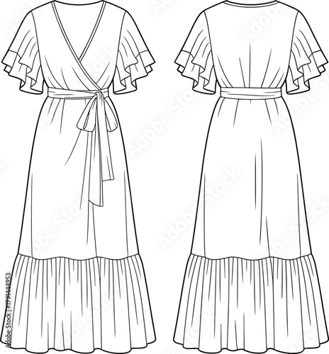Wrap maxi dress flat sketch, flutter sleeve fashion illustration, elegant long dress vector, women apparel technical drawing design