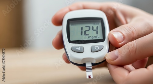 Close-up of hands holding a blood glucose meter displaying a reading of 124 mg/dL, illustrating diabetes management and monitoring.