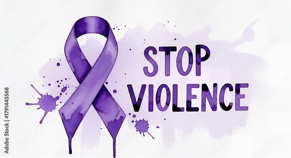 Fototapeta premium Stylized purple awareness ribbon with watercolor splashes and 