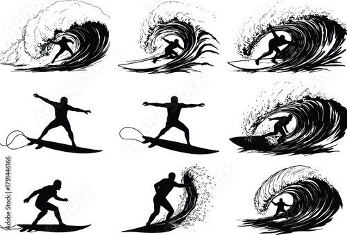 Surfer Silhouette Vector Set, Black and White Wave Riding Illustrations, Ocean Sports Action, Coastal Adventure, Extreme Water Motion, Sea Lifestyle Icons