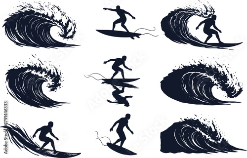 Surfing and Ocean Wave Silhouette Vector Set, Black and White Beach Sports Illustrations, Coastal Motion, Sea Adventure, Extreme Water Activity Icons