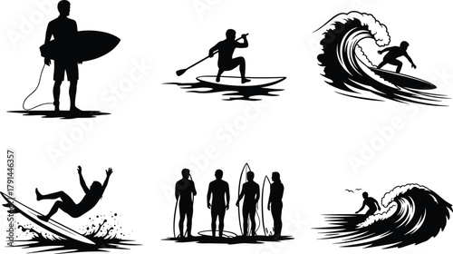 Surfing silhouettes vector illustration, paddleboarding activity, surfboard lifestyle design, ocean wave sports art, beach culture people, water adventure graphic, summer holiday recreation scene