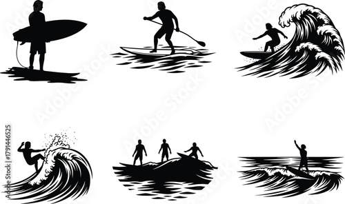 Surfing vector illustration set, surfers riding ocean waves, beach water sports silhouettes, summer adventure design, surfboard activity, sea lifestyle, extreme sport concept art