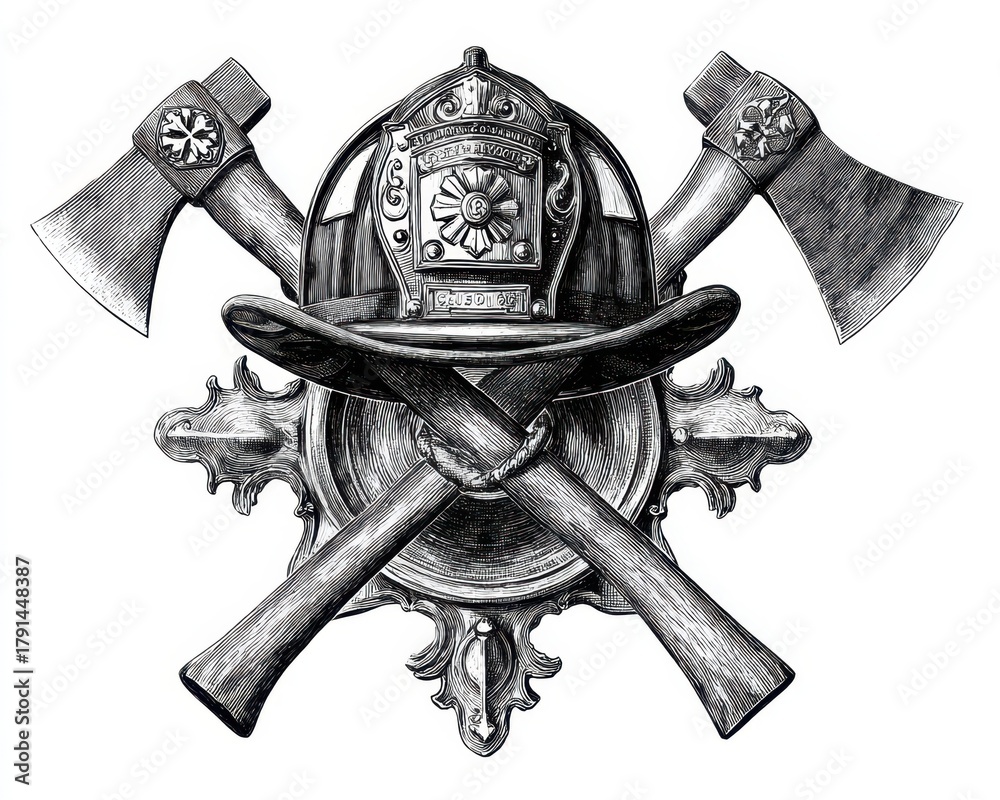 Naklejka premium Heroic Firefighter Maltese Cross: Vintage Design with Helmet, Axes, and Badges