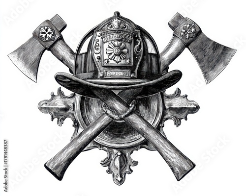 Heroic Firefighter Maltese Cross: Vintage Design with Helmet, Axes, and Badges