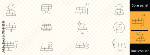Solar panel icon set. Eco friendly clean energy and sun-powered electricity.
