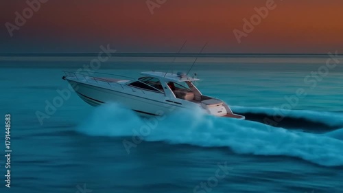 Speedboat racing across ocean waters with vibrant orange and blue sky